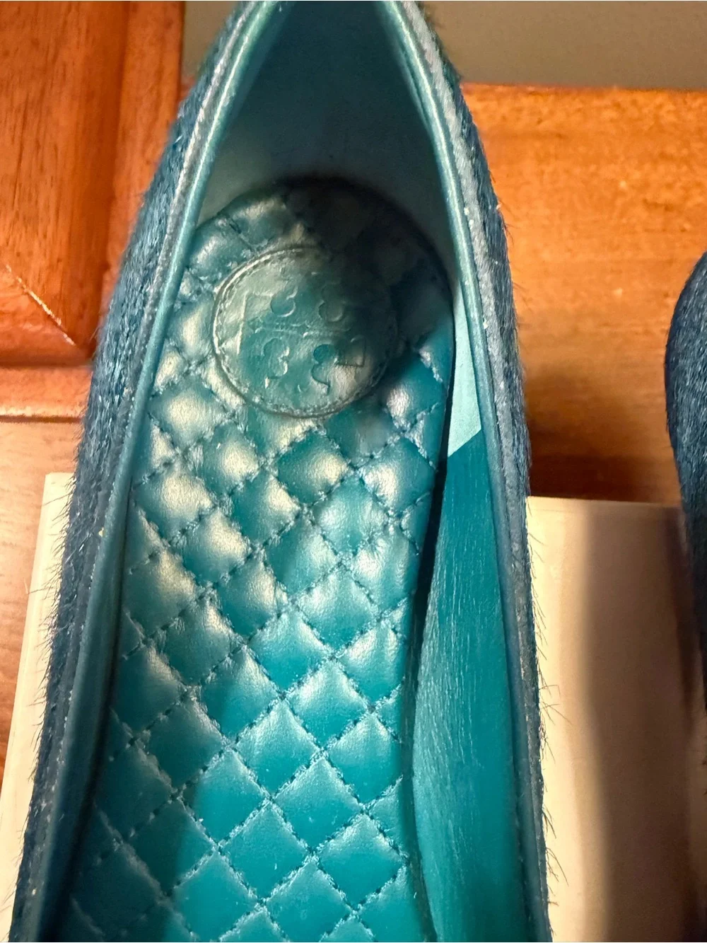 Tory Burch Teal Haircalf Leather Flats with Gold Bar Size 8
